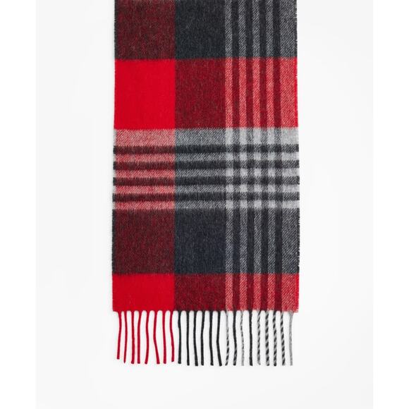 Brooks Brothers Tartan Merino Wool Red Grey Scarf Moon - Picture 5 of 5